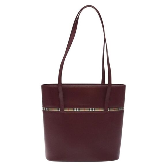 Burberry Nova Check Burgundy Leather Tote Bag (Pre-Owned) - Picture 1 of 16